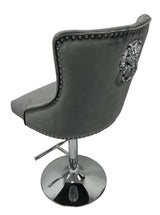 Modern Dark Grey Velvet Bar Stool with Lion Knocker and Chrome Pedestal Base
