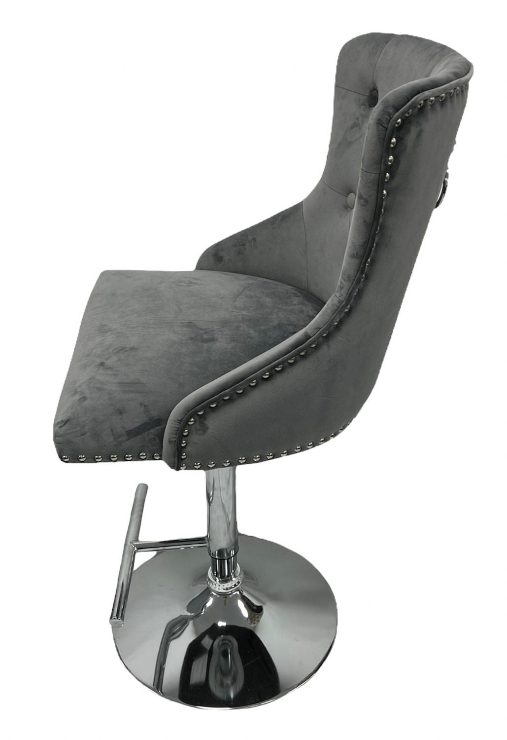 Modern Dark Grey Velvet Bar Stool with Lion Knocker and Chrome Pedestal Base