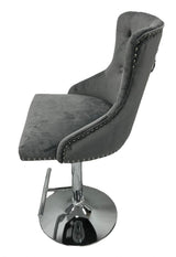 Modern Dark Grey Velvet Bar Stool with Lion Knocker and Chrome Pedestal Base