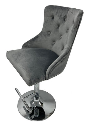 Modern Dark Grey Velvet Bar Stool with Lion Knocker and Chrome Pedestal Base