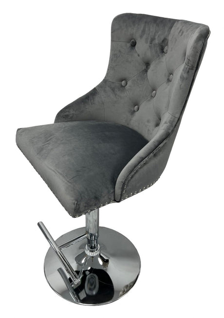 Modern Dark Grey Velvet Bar Stool with Lion Knocker and Chrome Pedestal Base