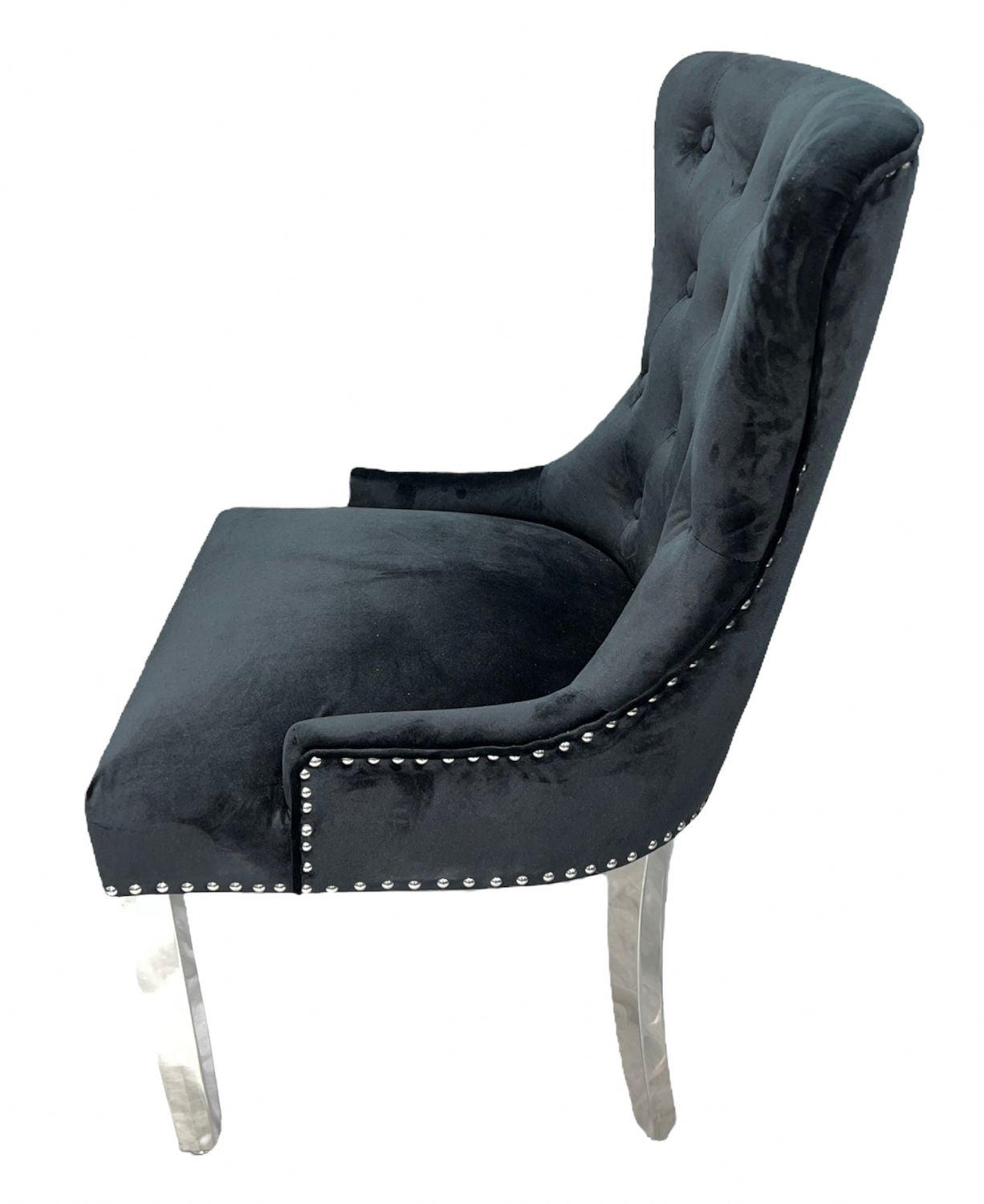 Luxury Black Velvet Dining Chair with Ring Knocker and Chrome Legs
