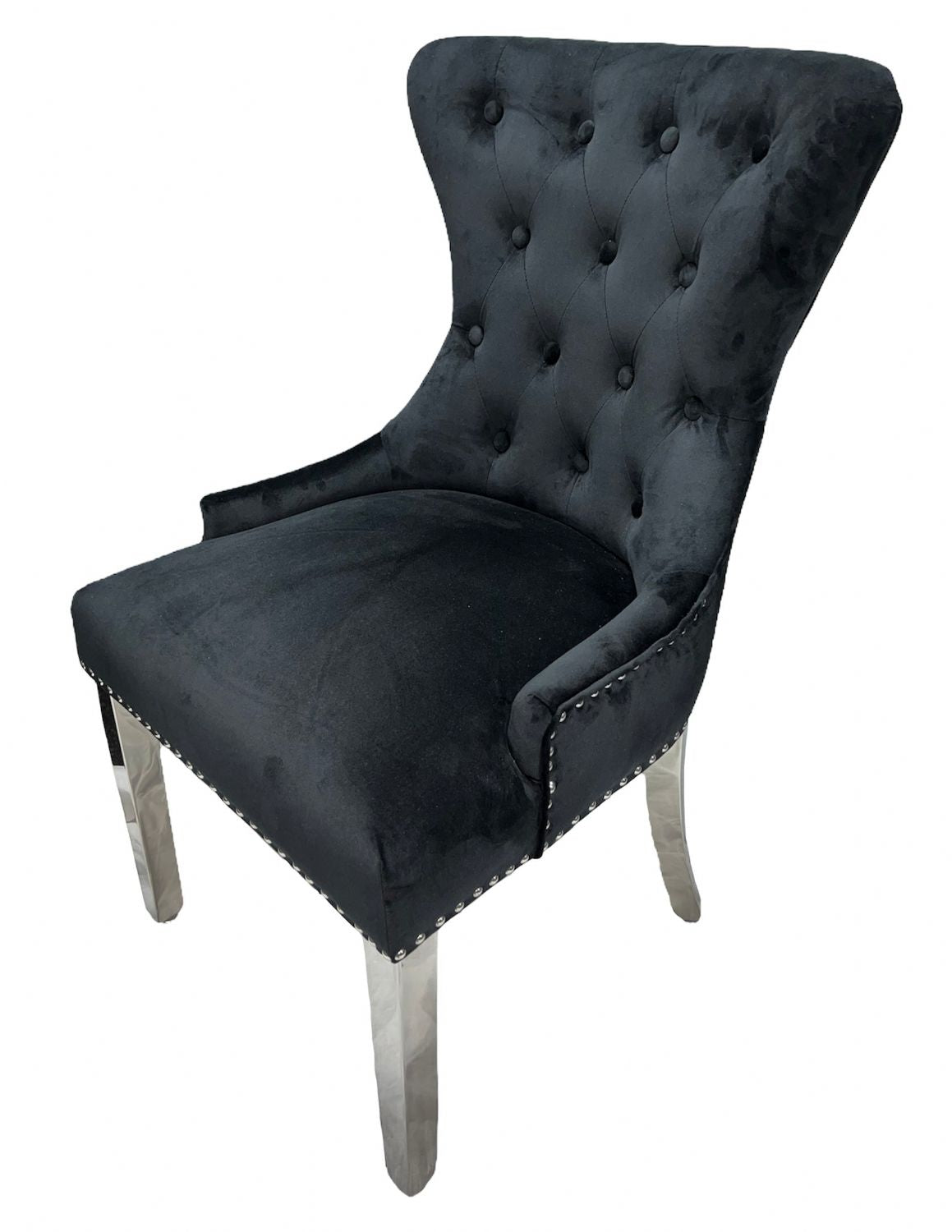 Luxury Black Velvet Dining Chair with Ring Knocker and Chrome Legs