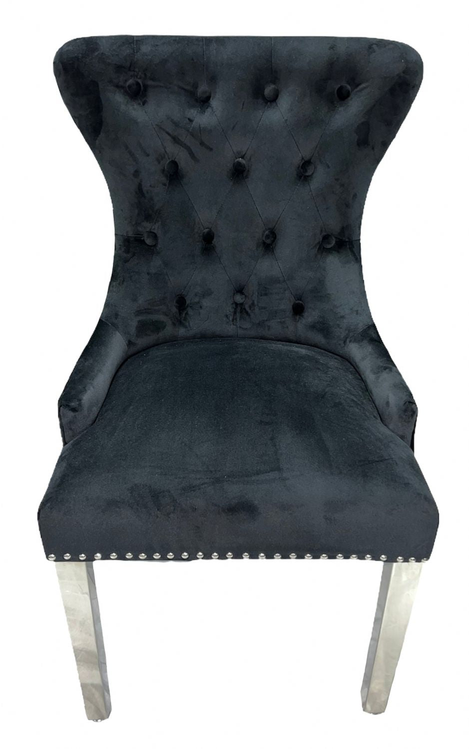 Luxury Black Velvet Dining Chair with Ring Knocker and Chrome Legs
