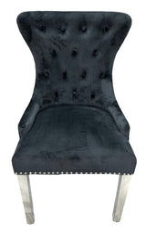 Luxury Black Velvet Dining Chair with Ring Knocker and Chrome Legs