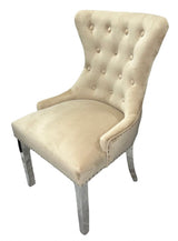 Luxury Cream Velvet Dining Chair with Lion Knocker and Chrome Legs