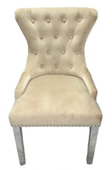Luxury Cream Velvet Dining Chair with Lion Knocker and Chrome Legs
