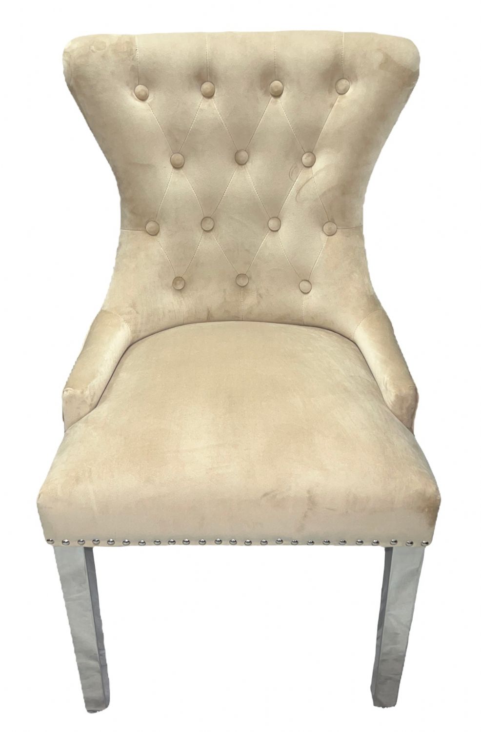Luxury Cream Velvet Dining Chair with Ring Knocker and Chrome Legs