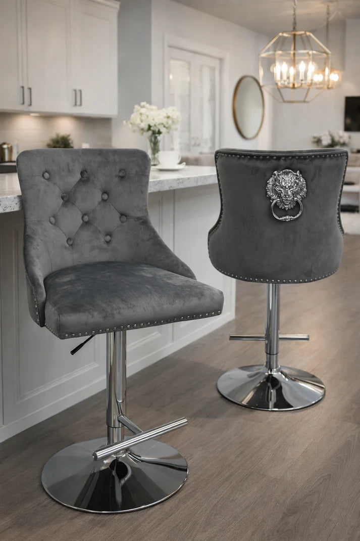Modern Dark Grey Velvet Bar Stool with Lion Knocker and Chrome Pedestal Base