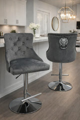 Modern Dark Grey Velvet Bar Stool with Lion Knocker and Chrome Pedestal Base