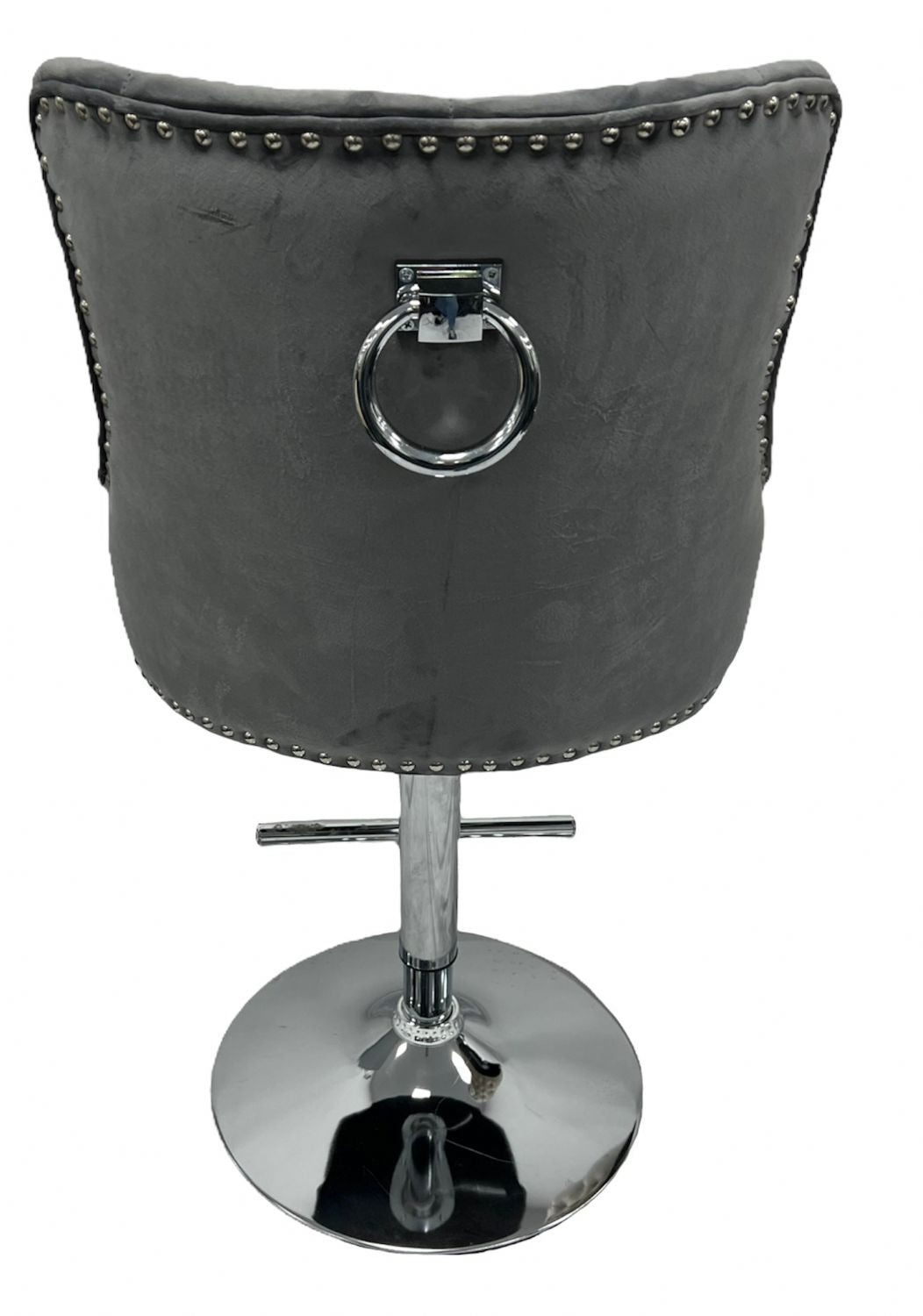 Luxury Dark Grey Velvet Bar Stool with Chrome Base and Ring Knocker Detail