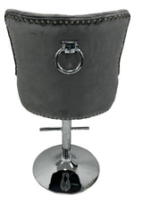 Luxury Dark Grey Velvet Bar Stool with Chrome Base and Ring Knocker Detail