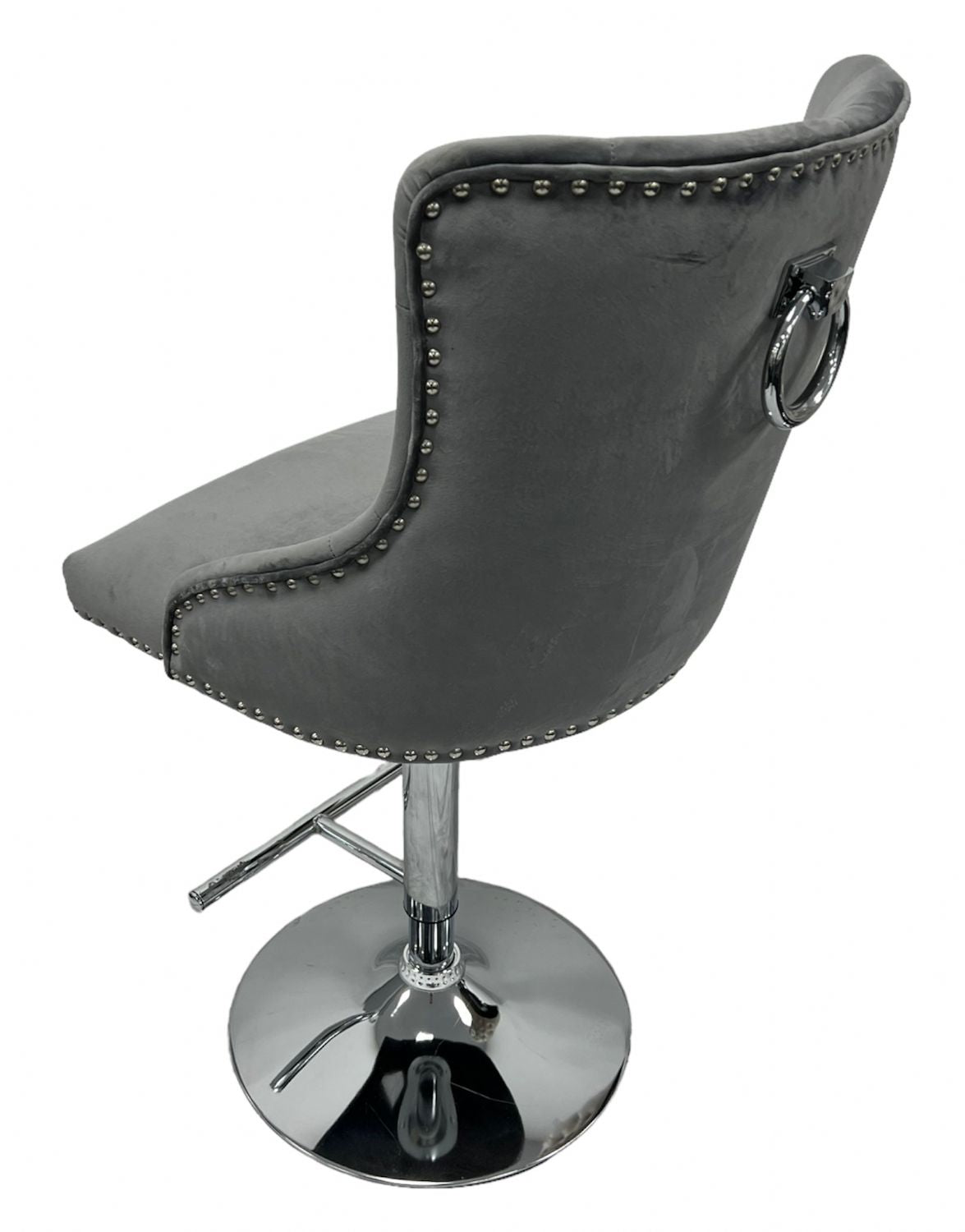 Luxury Dark Grey Velvet Bar Stool with Chrome Base and Ring Knocker Detail