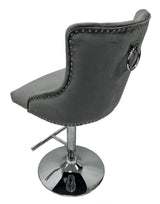 Luxury Dark Grey Velvet Bar Stool with Chrome Base and Ring Knocker Detail