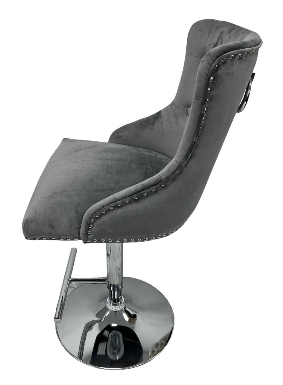 Luxury Dark Grey Velvet Bar Stool with Chrome Base and Ring Knocker Detail