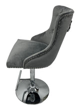 Luxury Dark Grey Velvet Bar Stool with Chrome Base and Ring Knocker Detail