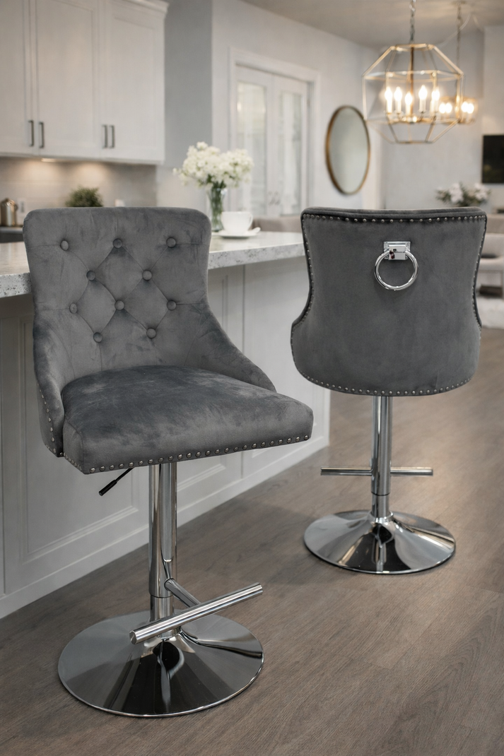 Luxury Dark Grey Velvet Bar Stool with Chrome Base and Ring Knocker Detail