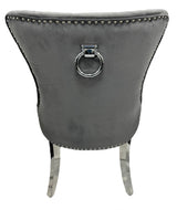 Luxury Dark Grey Velvet Dining Chair with Ring Knocker and Chrome Legs