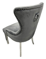 Luxury Dark Grey Velvet Dining Chair with Ring Knocker and Chrome Legs