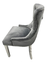 Luxury Dark Grey Velvet Dining Chair with Ring Knocker and Chrome Legs