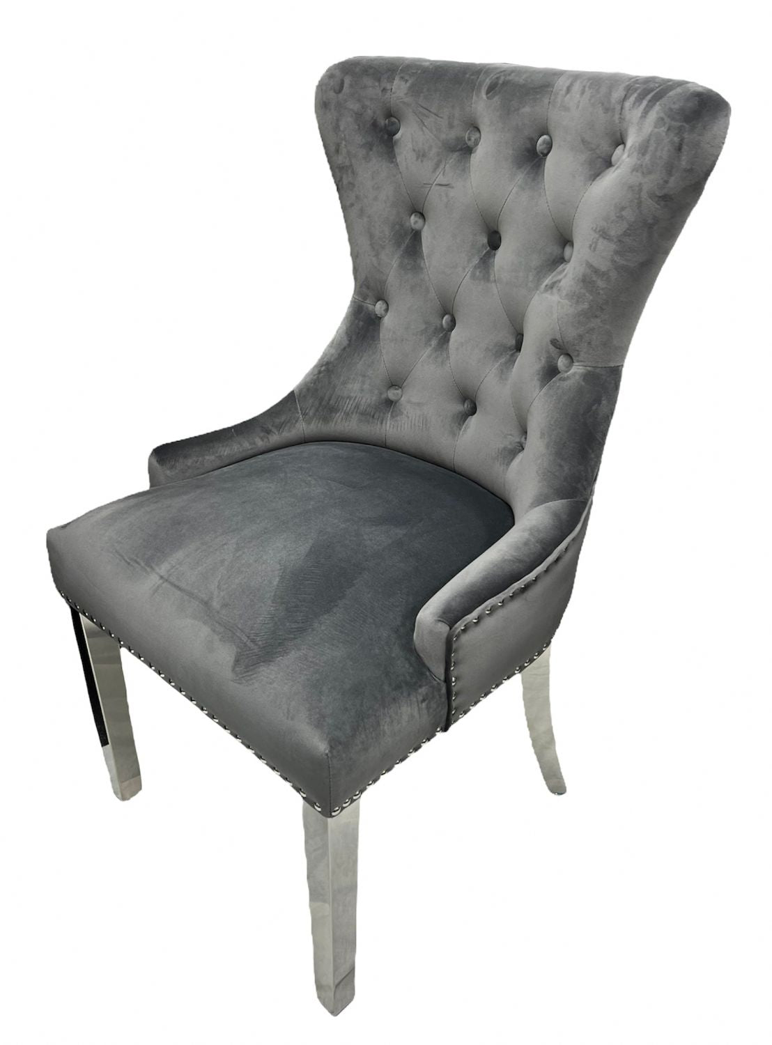Luxury Dark Grey Velvet Dining Chair with Ring Knocker and Chrome Legs