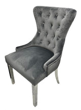 Luxury Dark Grey Velvet Dining Chair with Ring Knocker and Chrome Legs