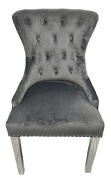 Luxury Dark Grey Velvet Dining Chair with Ring Knocker and Chrome Legs