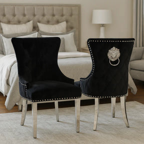 Luxury Black Velvet Dining Chair with Lion Knocker and Chrome Legs