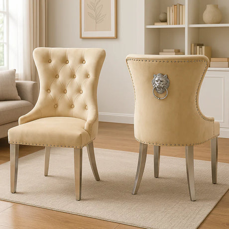 Luxury Cream Velvet Dining Chair with Lion Knocker and Chrome Legs