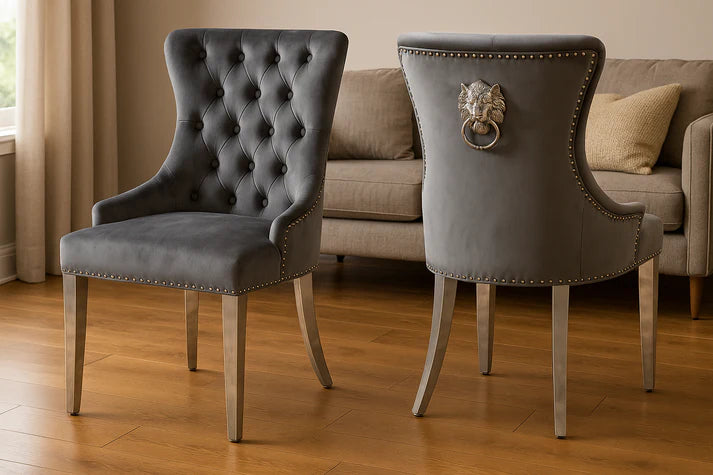 Luxury Dark Grey Velvet Dining Chair with Lion Knocker and Chrome Legs