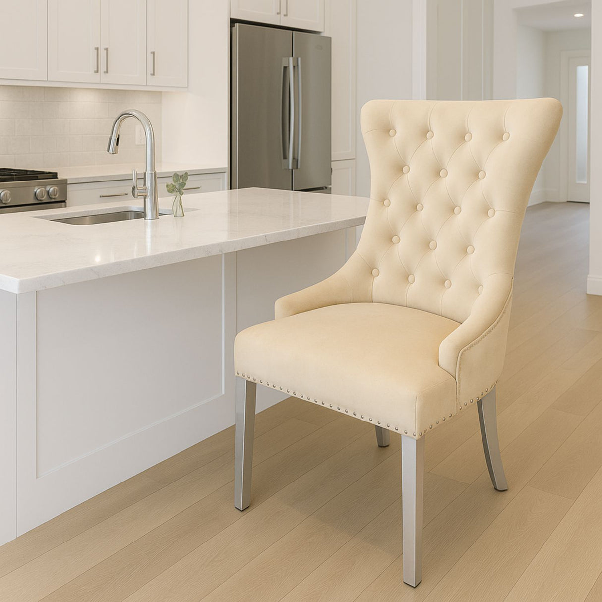 Luxury Cream Velvet Dining Chair with Ring Knocker and Chrome Legs