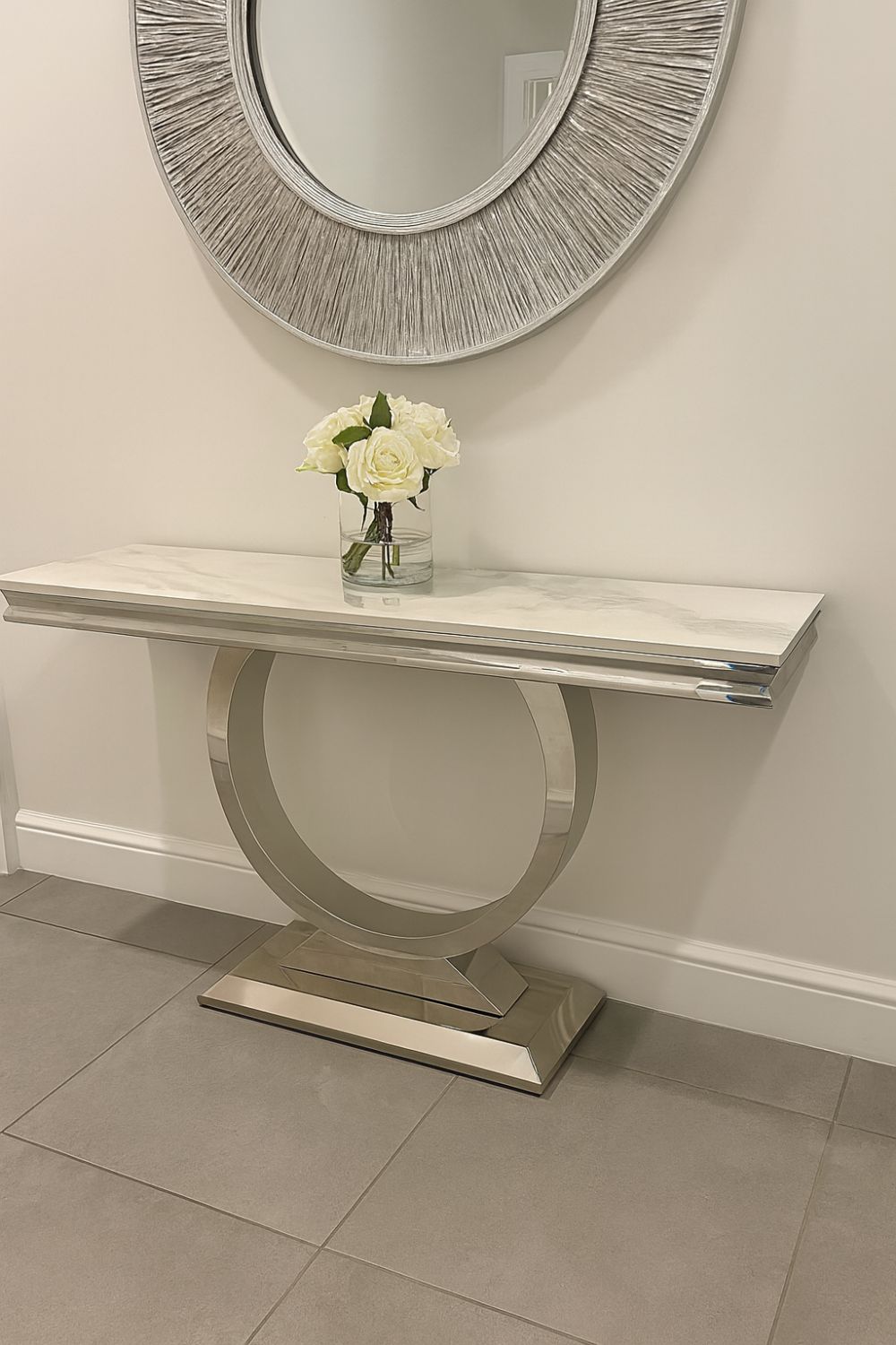 Luxury White Marble Effect 1.2m Console Table with Chrome Circular Pedestal Base