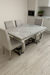 Luxury White Marble Effect 2m Dining Table with Chrome Circular Pedestal Base
