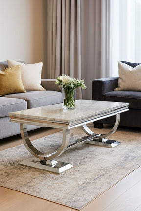 Luxury White Marble Effect Coffee Table with Chrome Circular Pedestal Base