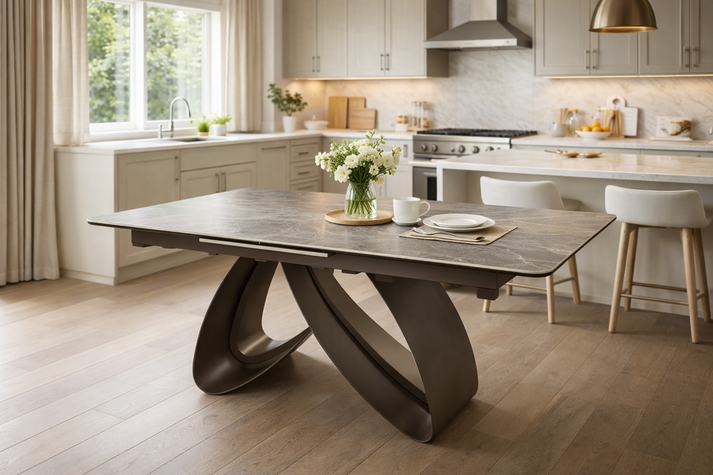 Luxury White Ceramic Extending Dining Table with Chrome Pedestal Base
