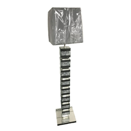 Mirrored Floor Lamp with Crushed Diamond Geometric Block Column and Grey Shade