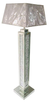 Mirrored Floor Lamp with Crushed Diamond Column and Grey Fabric Shade