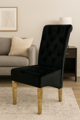 Luxury Black Velvet Dining Chair with Gold Ring Knocker and Gold Legs
