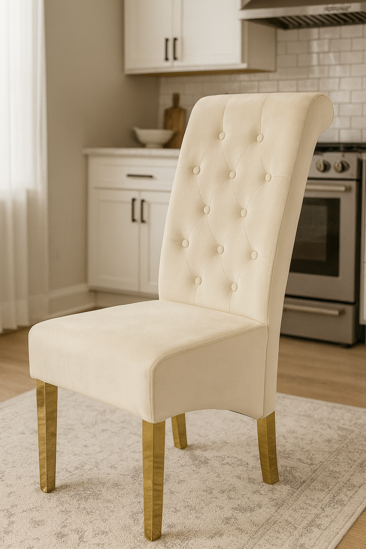 Luxury Cream Velvet Dining Chair with Gold Ring Knocker and Gold Legs