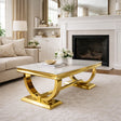 White Marble Effect Coffee Table with Gold Circular Pedestal Base