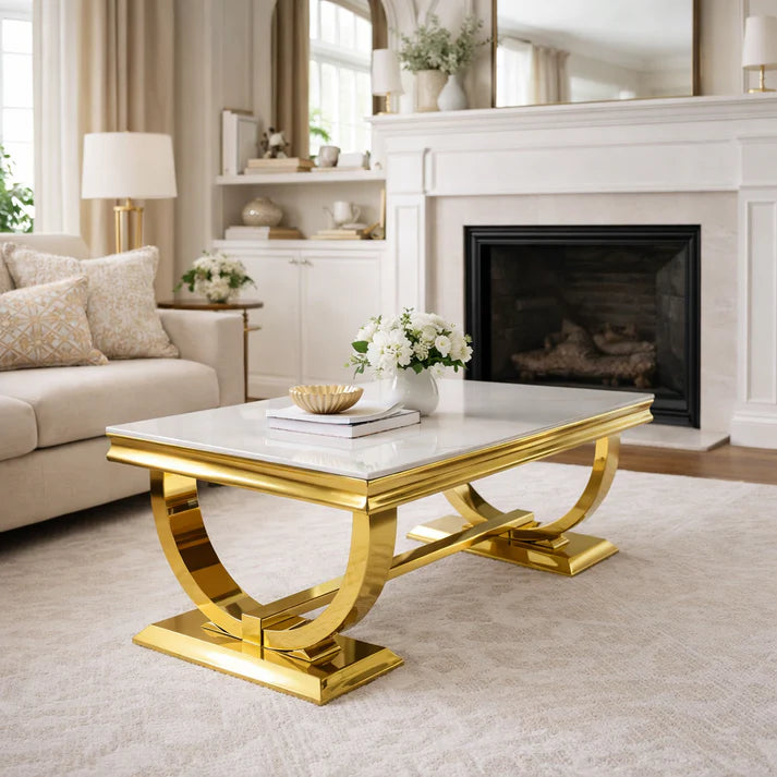White Marble Effect Coffee Table with Gold Circular Pedestal Base