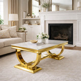 White Marble Effect Coffee Table with Gold Circular Pedestal Base