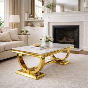 White Marble Effect Coffee Table with Gold Circular Pedestal Base
