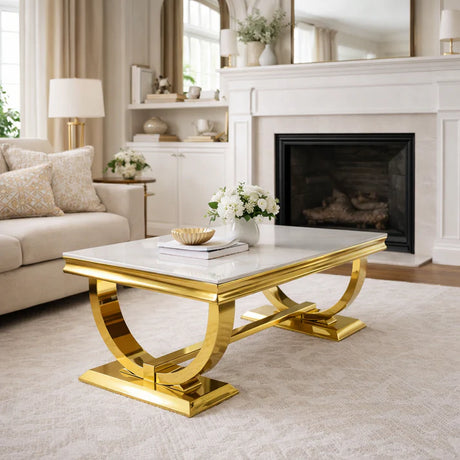 White Marble Effect Coffee Table with Gold Circular Pedestal Base