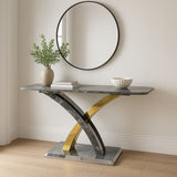 Luxury Grey Marble Effect Console Table with Silver and Gold Cross Pedestal Base