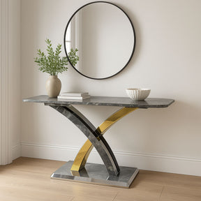 Luxury Grey Marble Effect Console Table with Silver and Gold Cross Pedestal Base