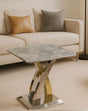 Grey Marble Effect Top Side Table with Polished Stainless Steel Cross Base