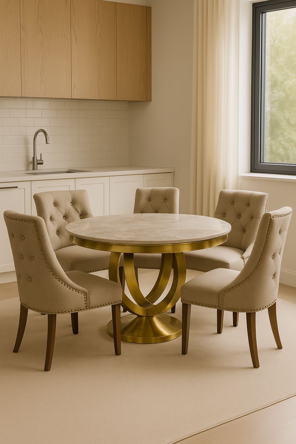 Luxury White Marble Effect 1.3m Round Dining Table with Gold Pedestal Base