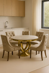 Luxury White Marble Effect 1.3m Round Dining Table with Gold Pedestal Base