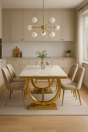 Luxury White Marble Effect 200cm Dining Table with Gold Circular Pedestal Base